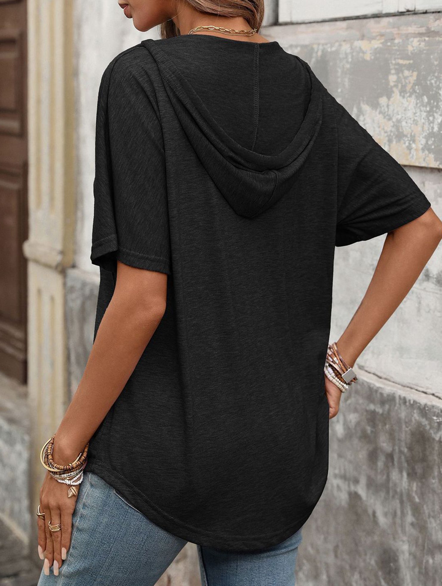 Solid V Neck Loose Short Sleeve Tee
