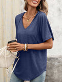 Solid V Neck Loose Short Sleeve Tee