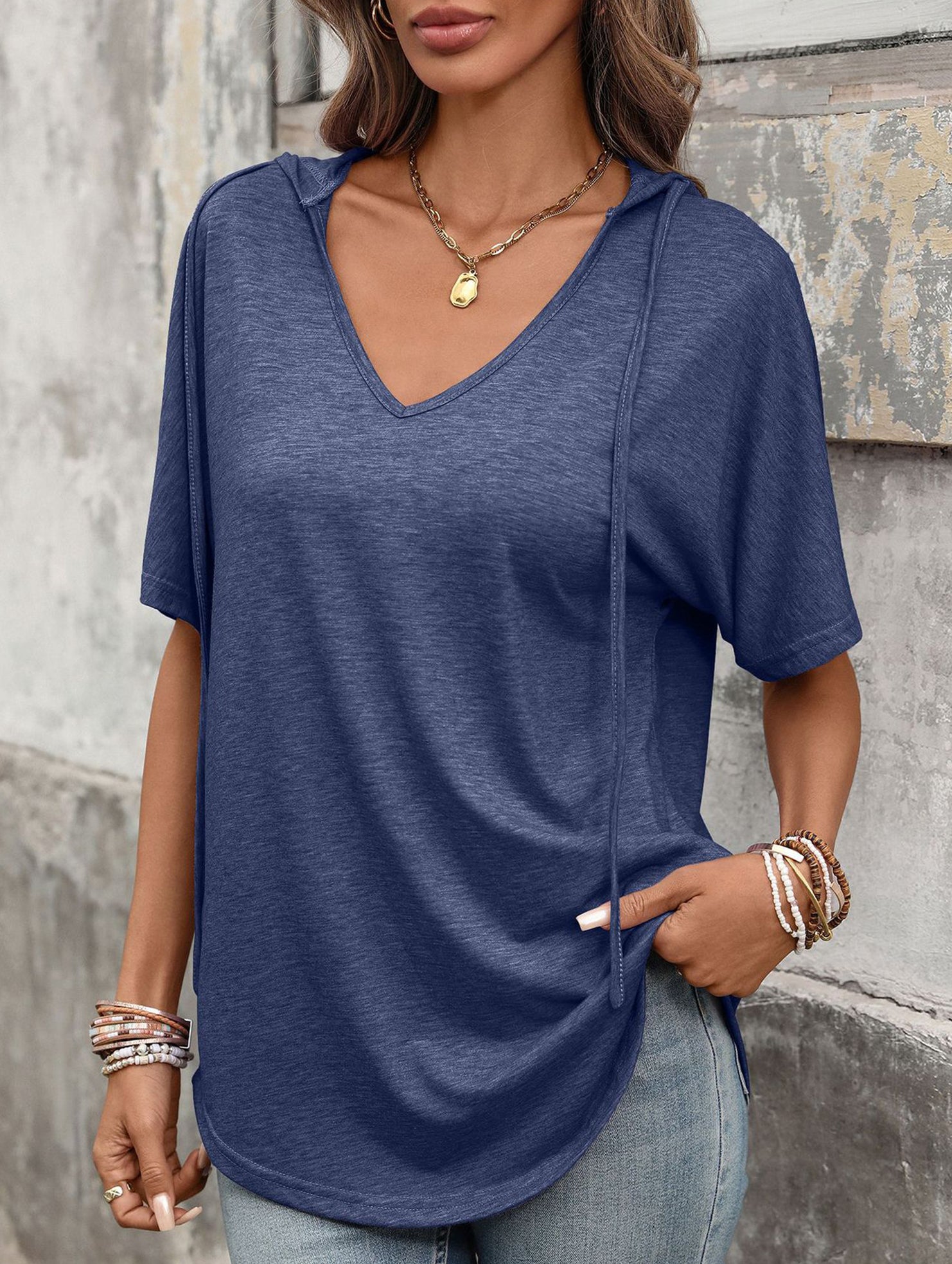 Solid V Neck Loose Short Sleeve Tee