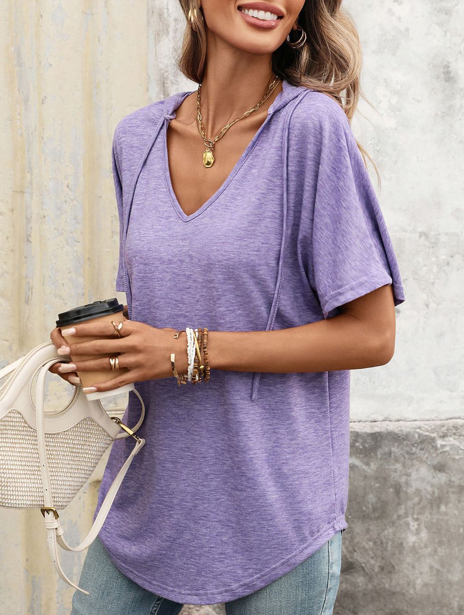 Solid V Neck Loose Short Sleeve Tee
