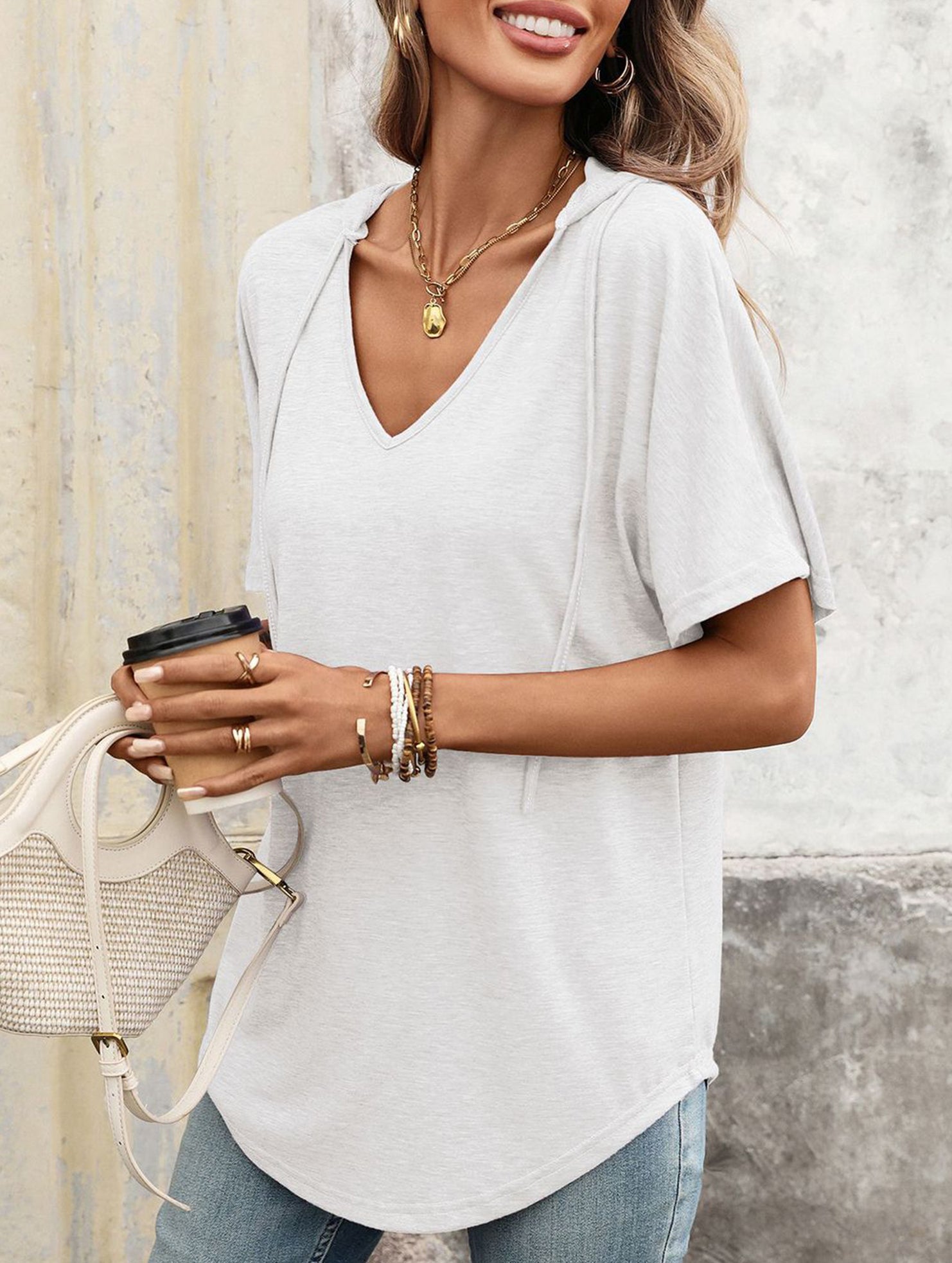 Solid V Neck Loose Short Sleeve Tee