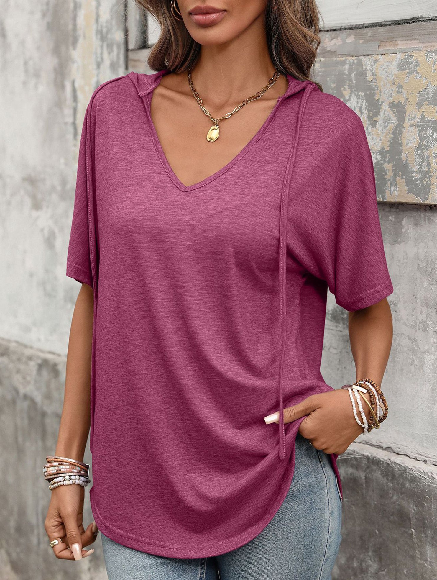 Solid V Neck Loose Short Sleeve Tee