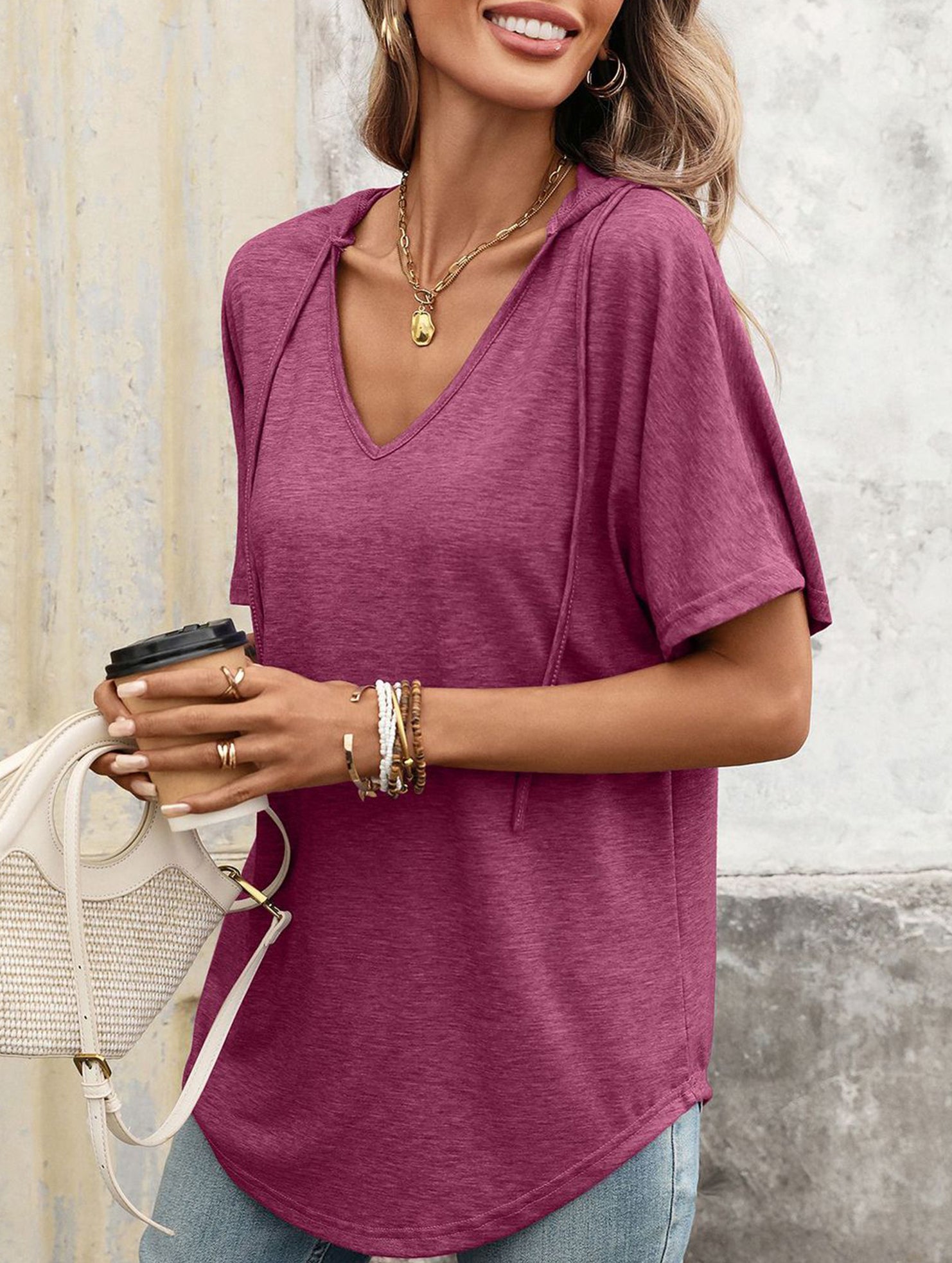 Solid V Neck Loose Short Sleeve Tee