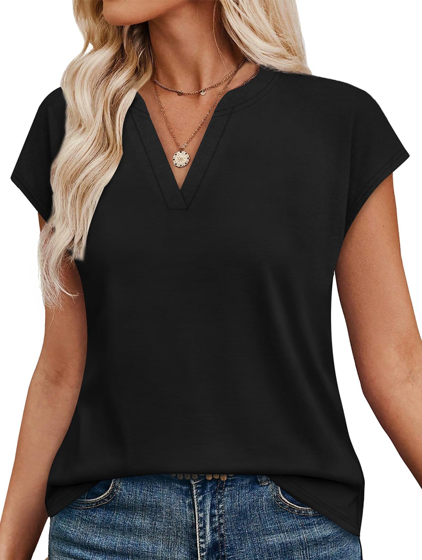 Solid V Neck Casual Short Sleeve Top