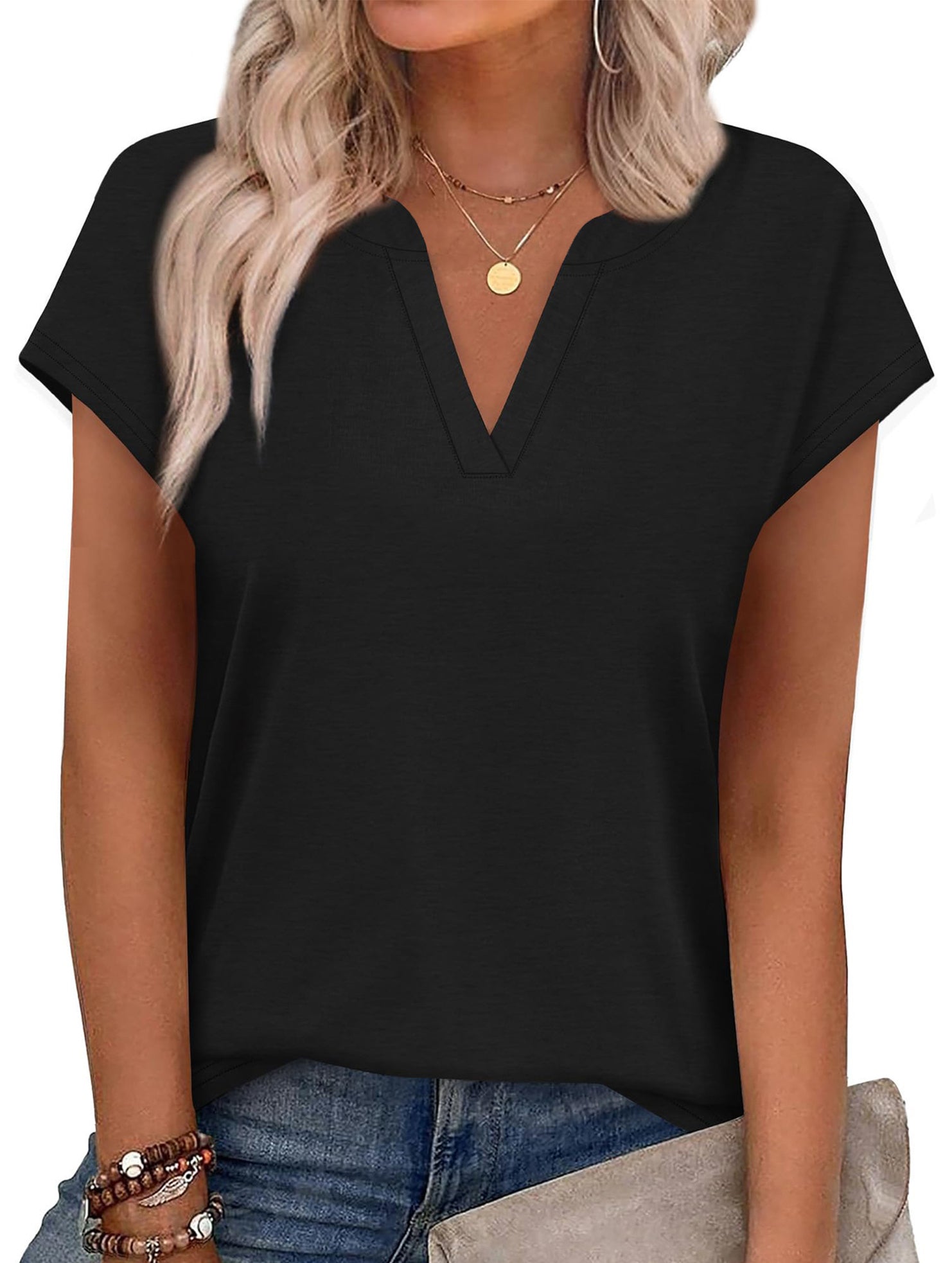Solid V Neck Casual Short Sleeve Top