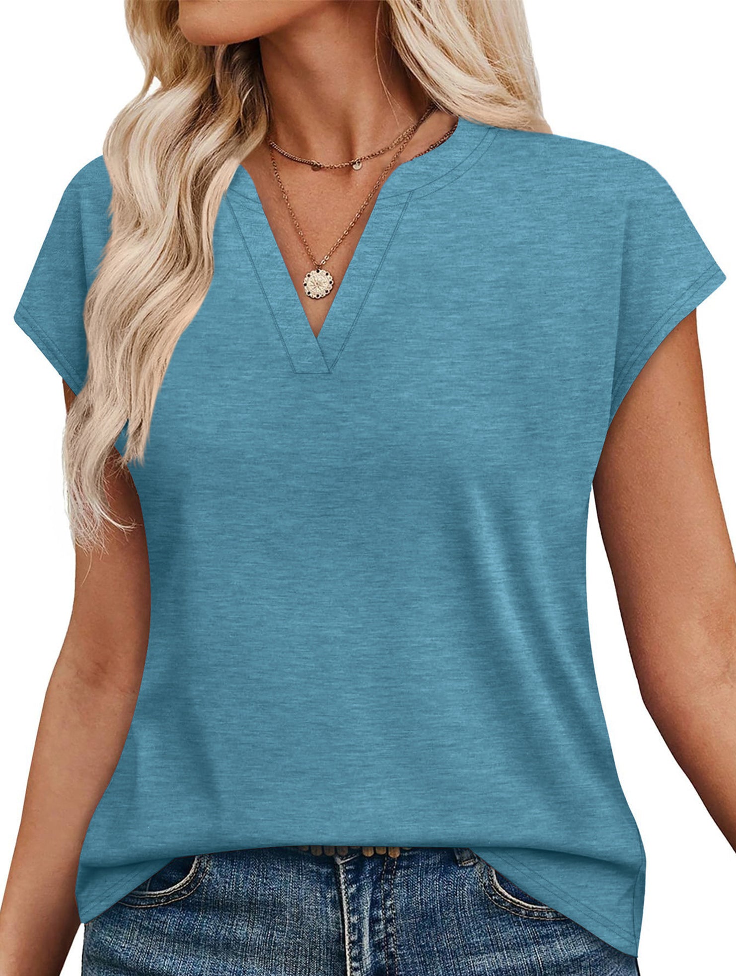 Solid V Neck Casual Short Sleeve Top