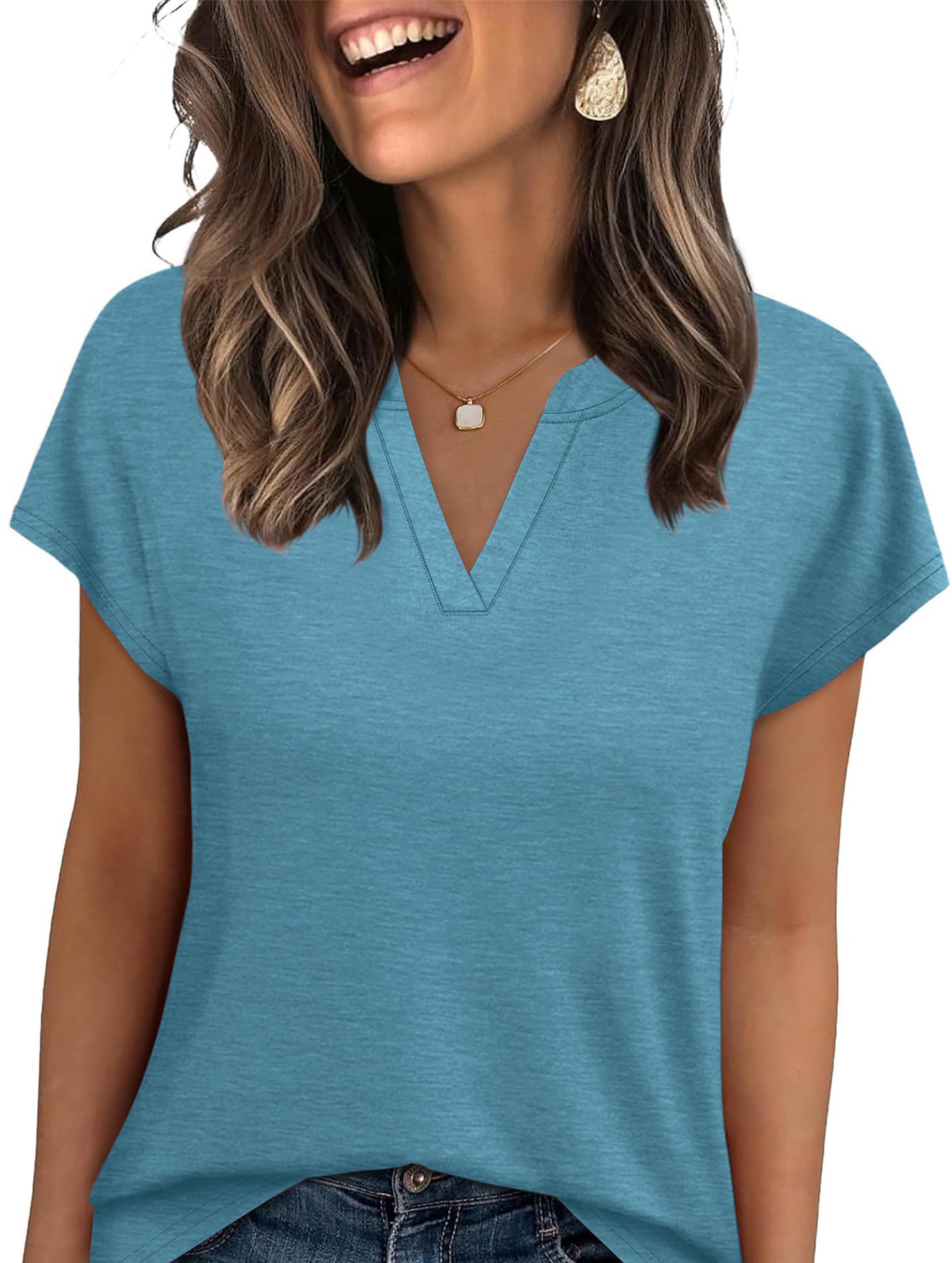 Solid V Neck Casual Short Sleeve Top