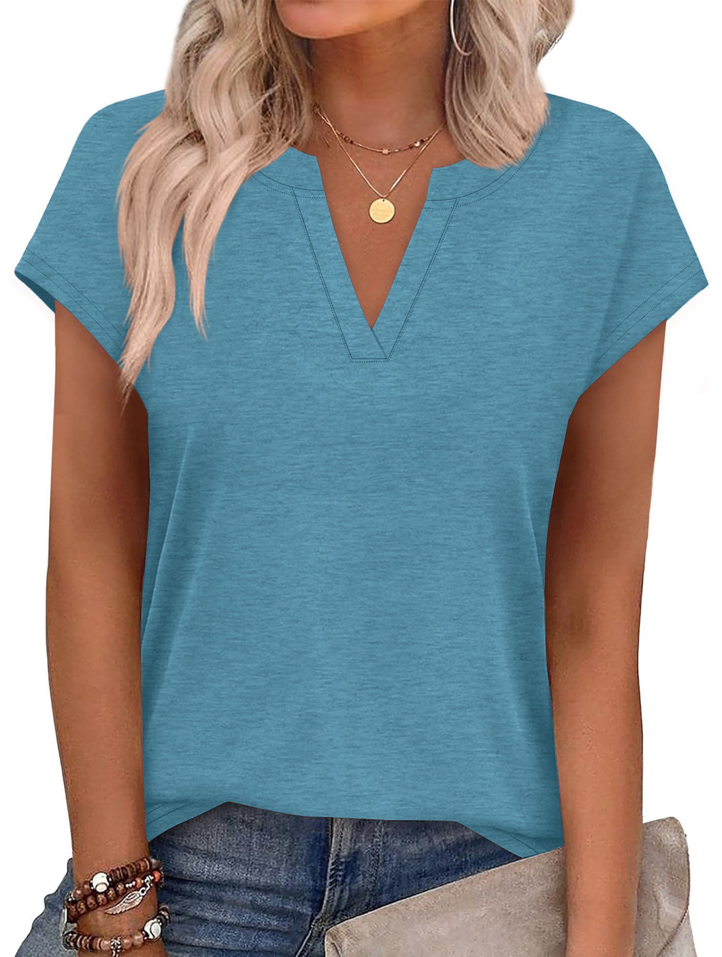 Solid V Neck Casual Short Sleeve Top
