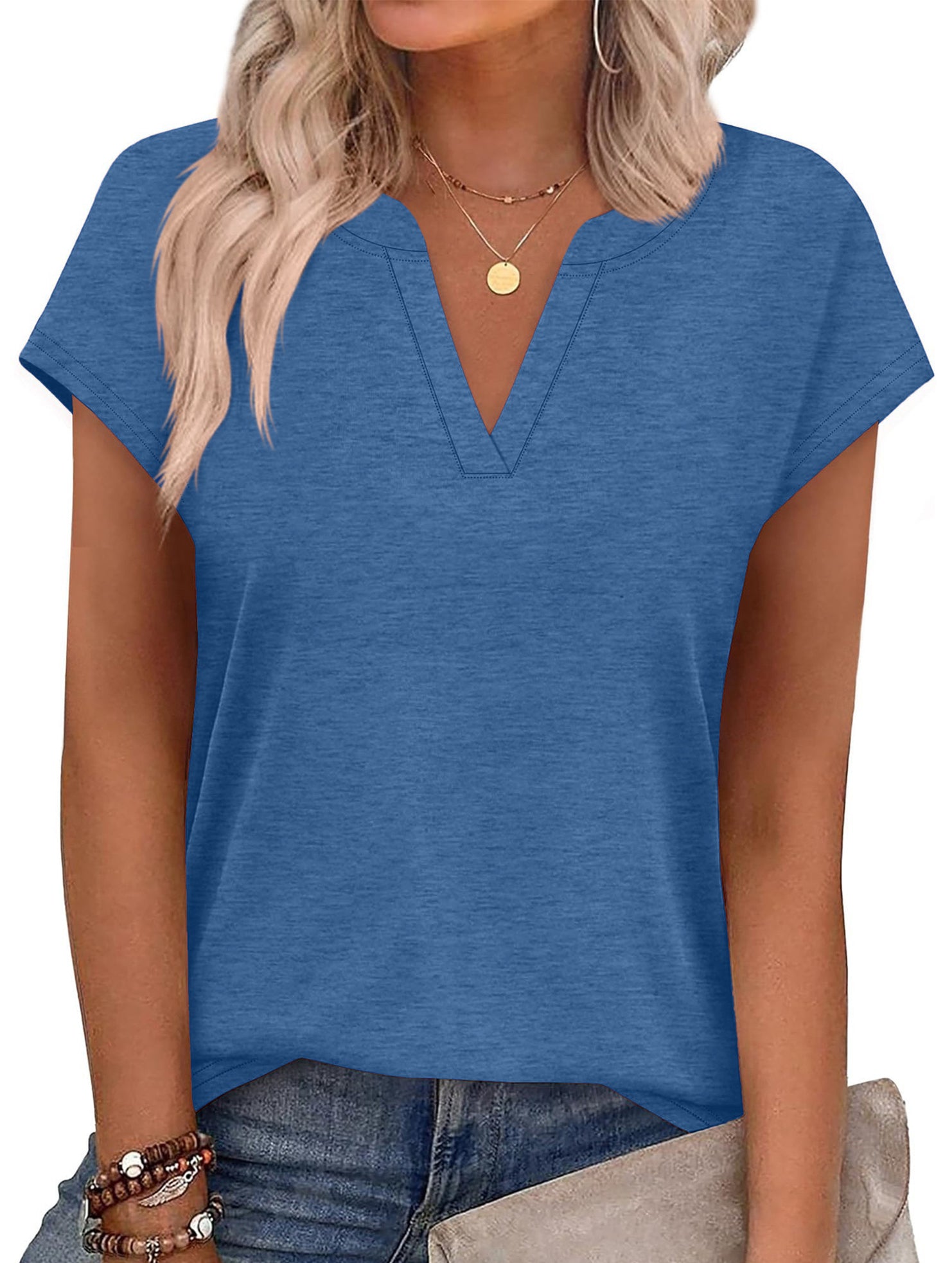 Solid V Neck Casual Short Sleeve Top