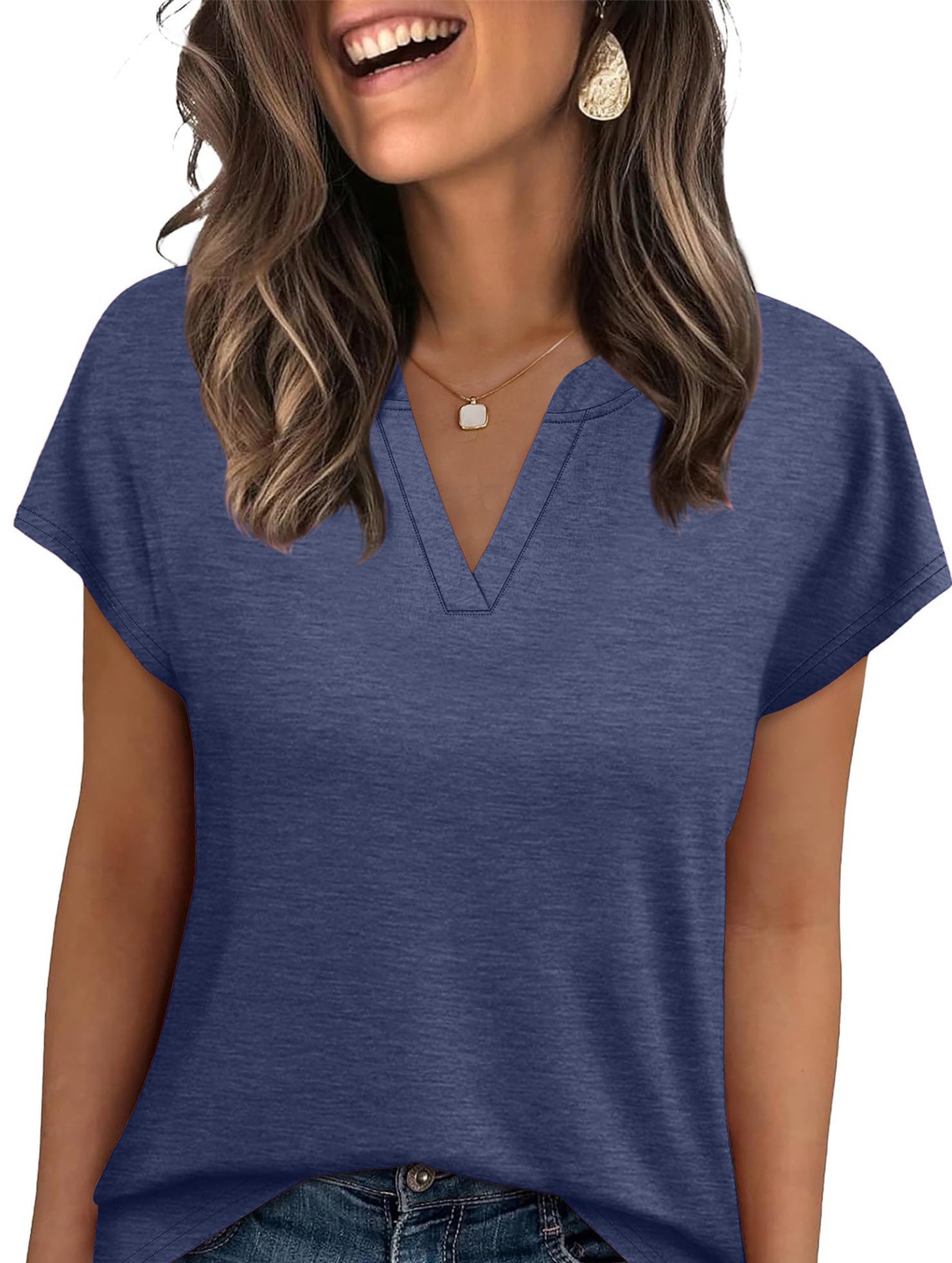 Solid V Neck Casual Short Sleeve Top