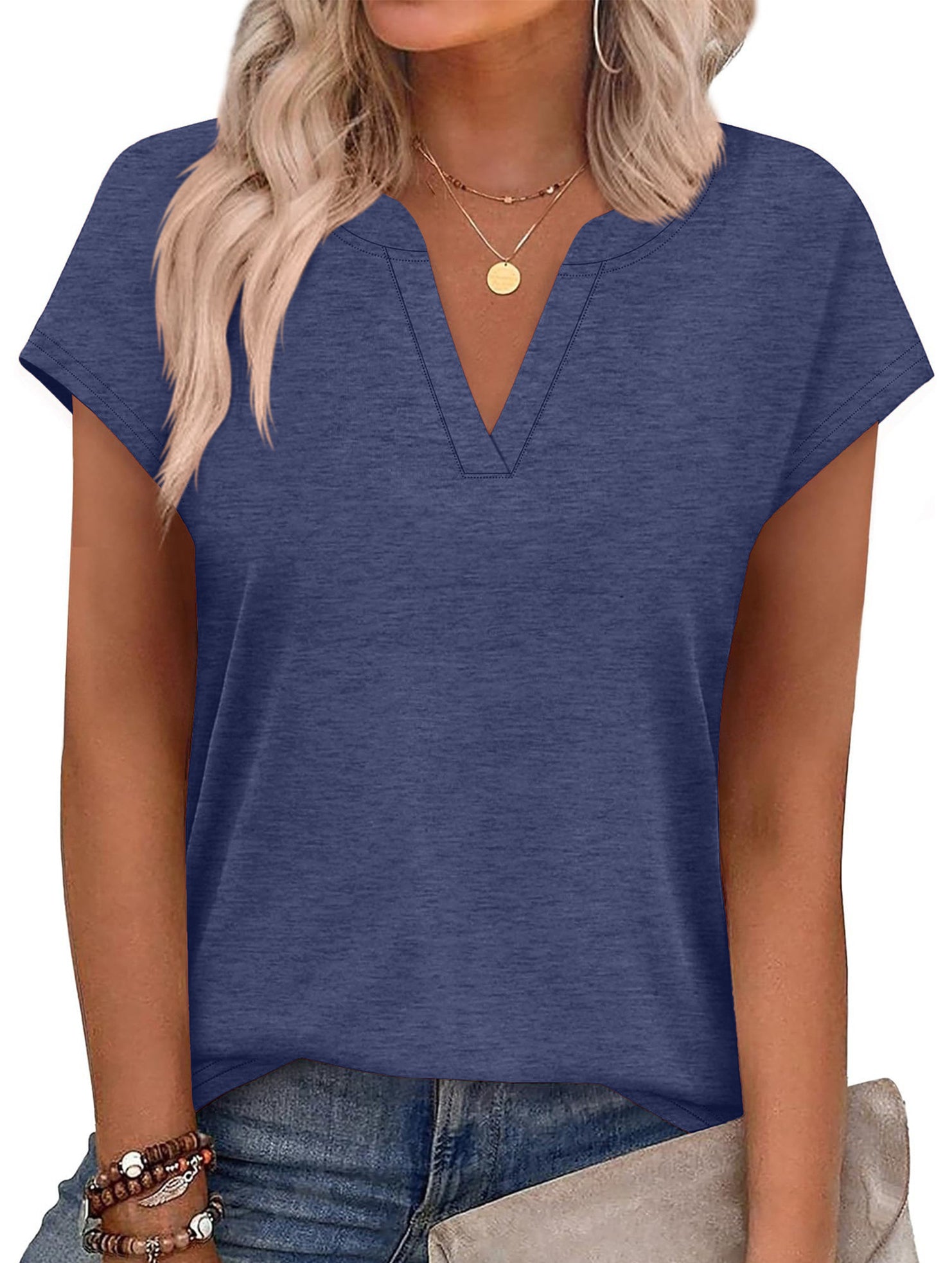 Solid V Neck Casual Short Sleeve Top