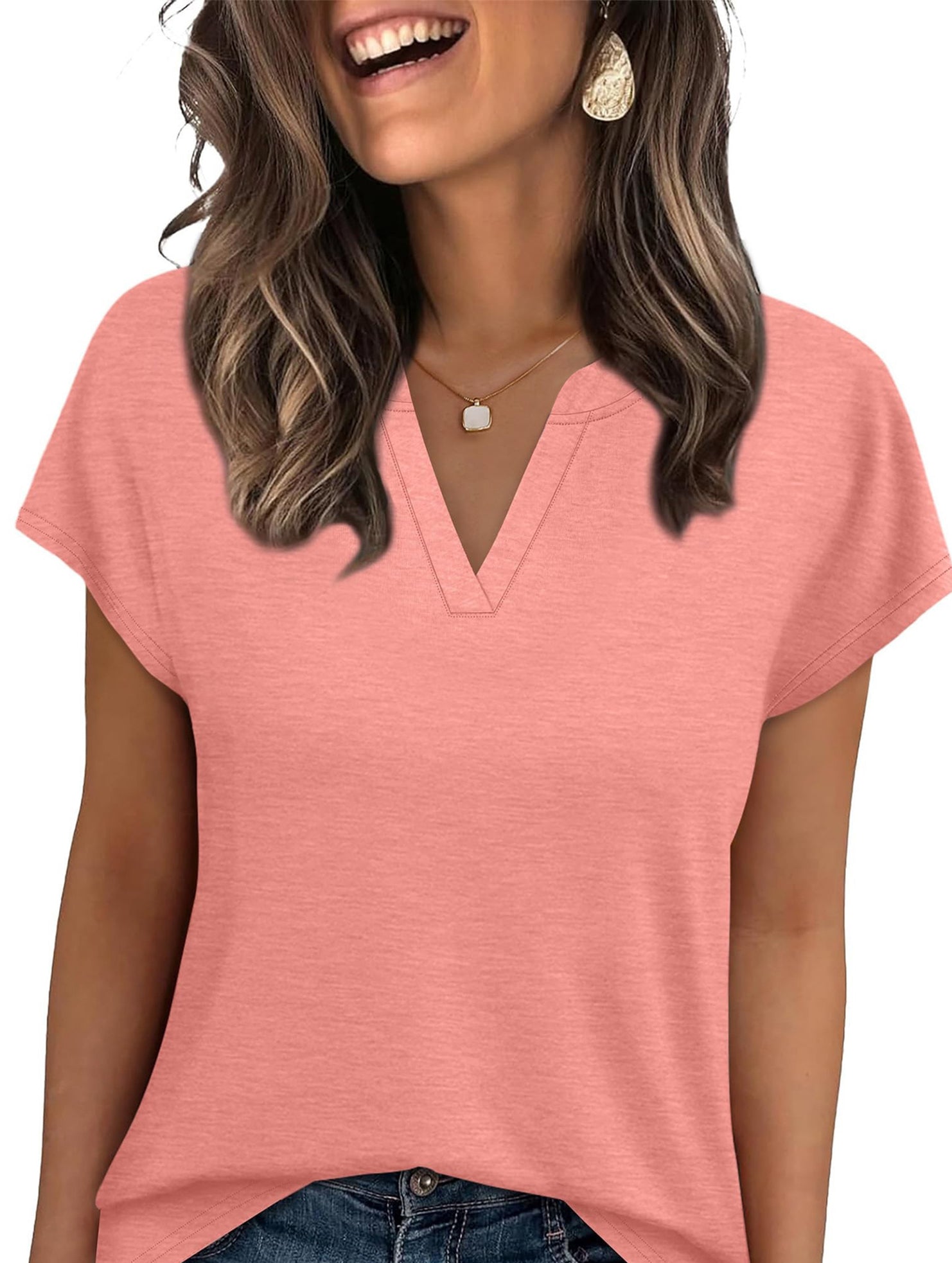 Solid V Neck Casual Short Sleeve Top