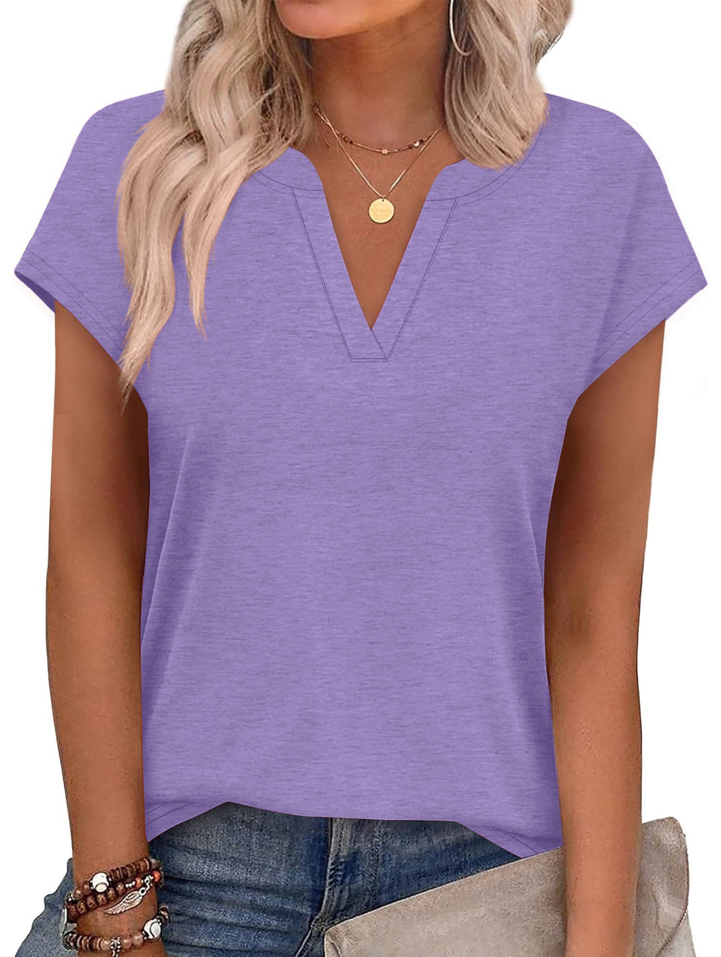Solid V Neck Casual Short Sleeve Top