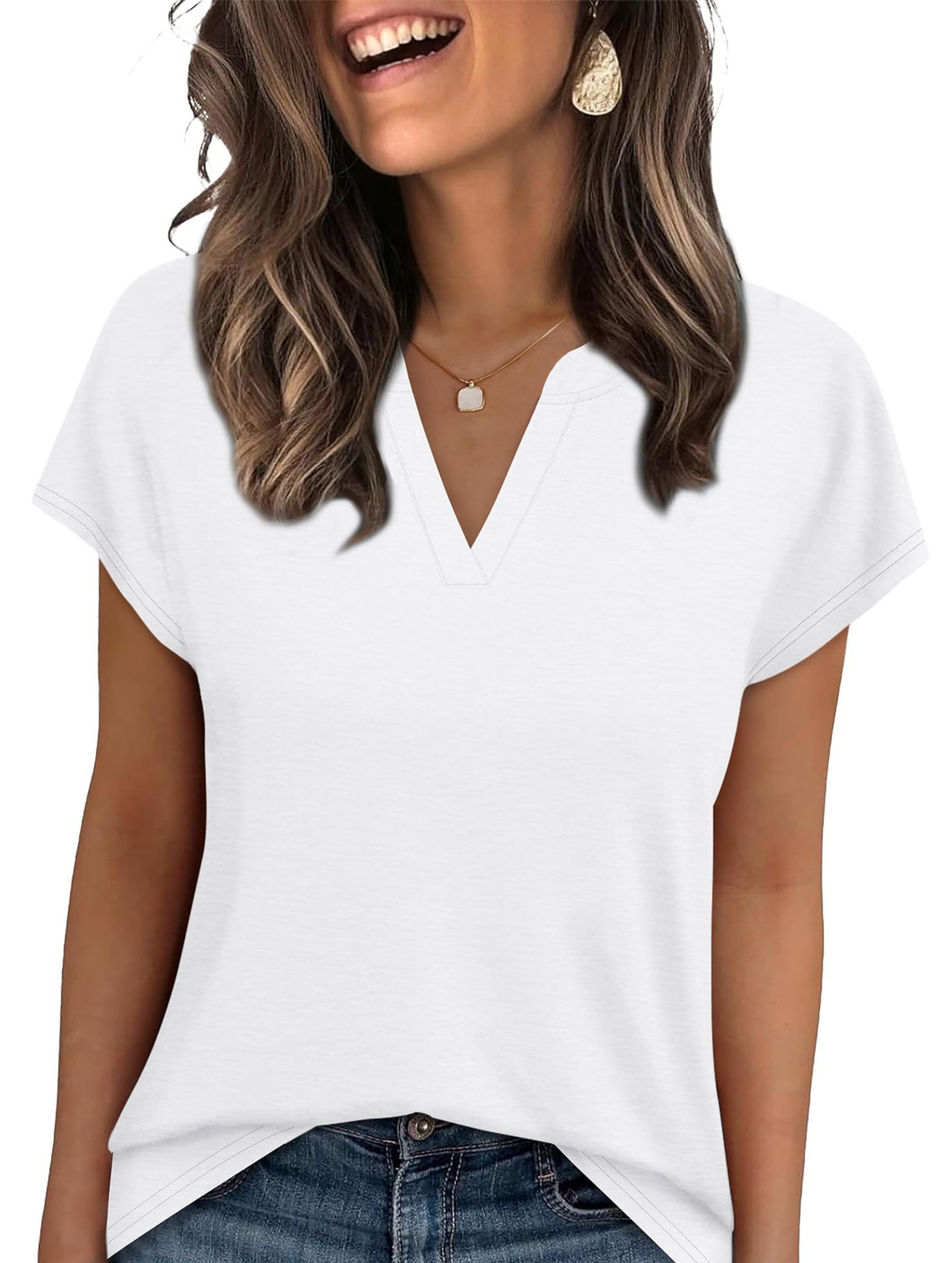 Solid V Neck Casual Short Sleeve Top