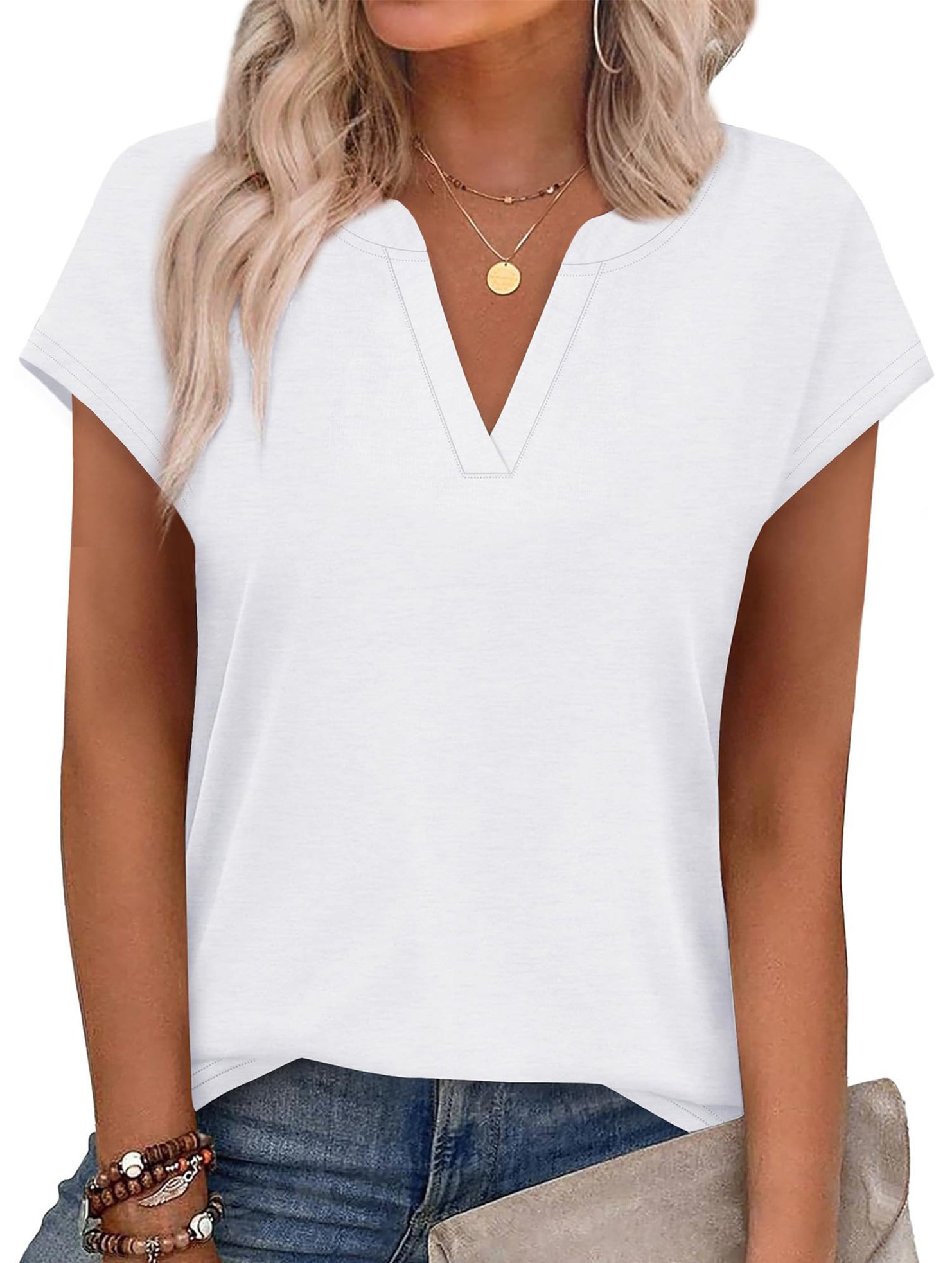 Solid V Neck Casual Short Sleeve Top