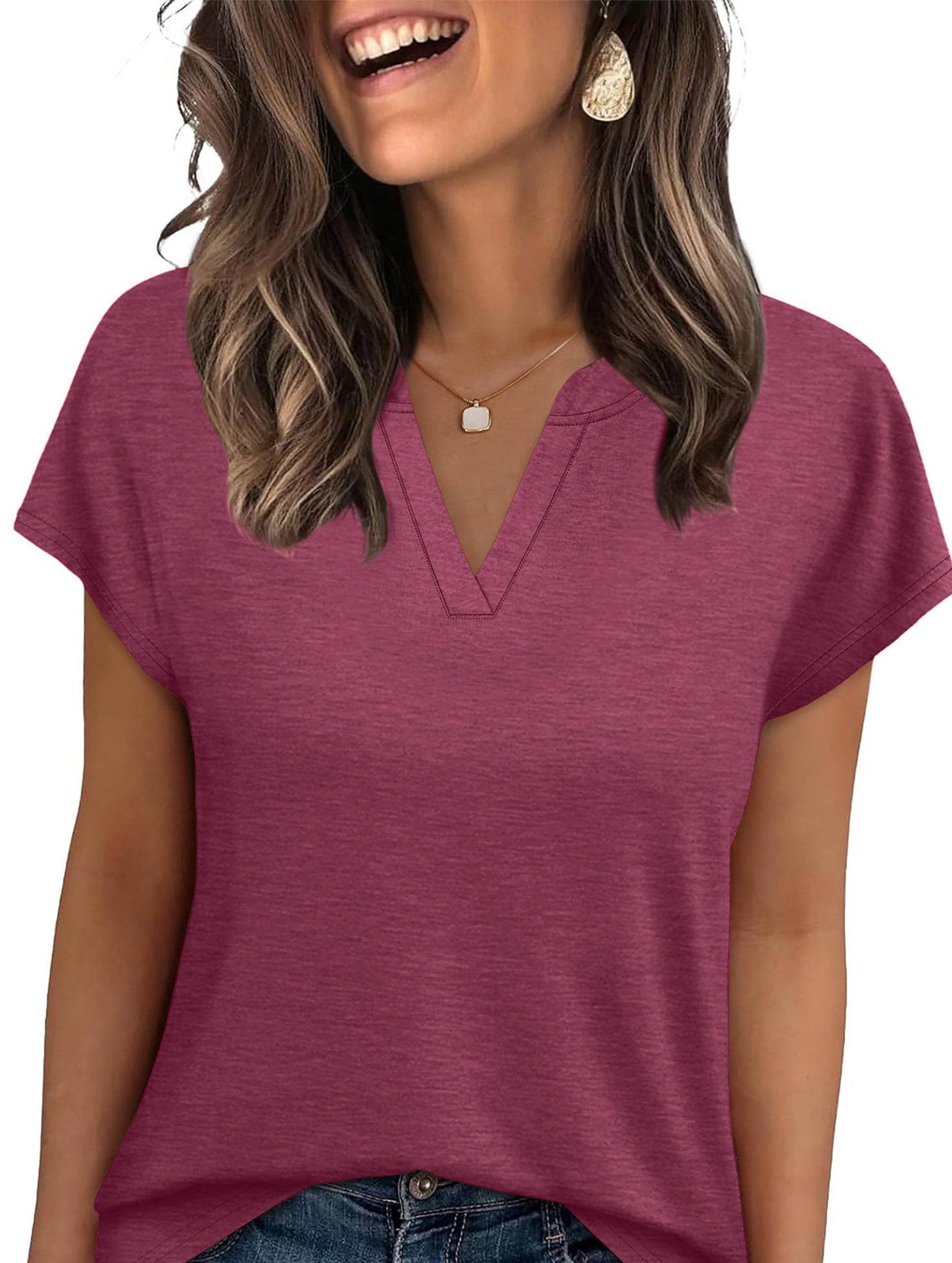 Solid V Neck Casual Short Sleeve Top