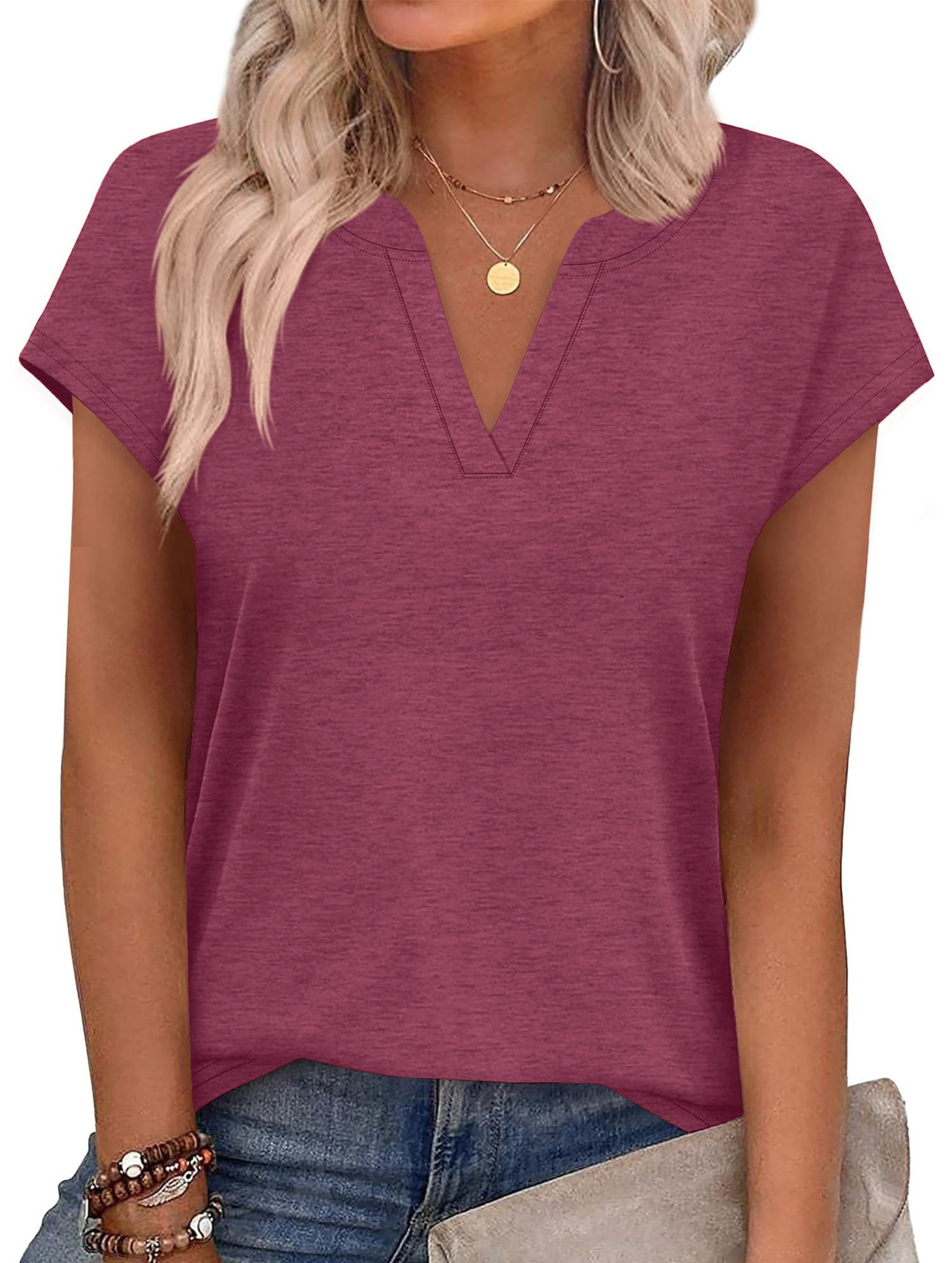 Solid V Neck Casual Short Sleeve Top