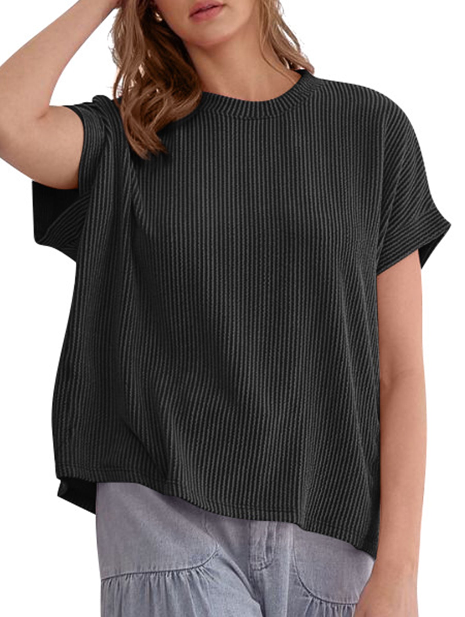 Ribbed Knit Crew Neck Tee