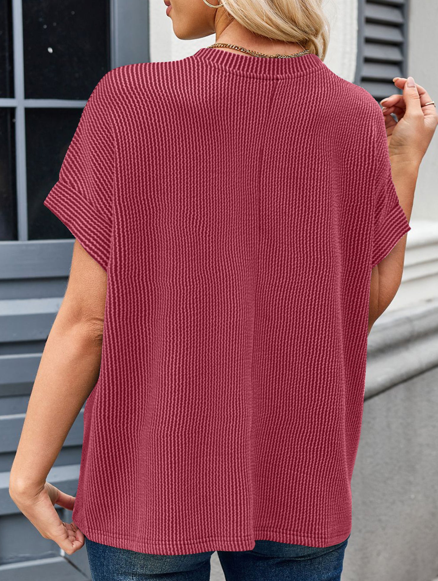 Ribbed Knit Crew Neck Tee