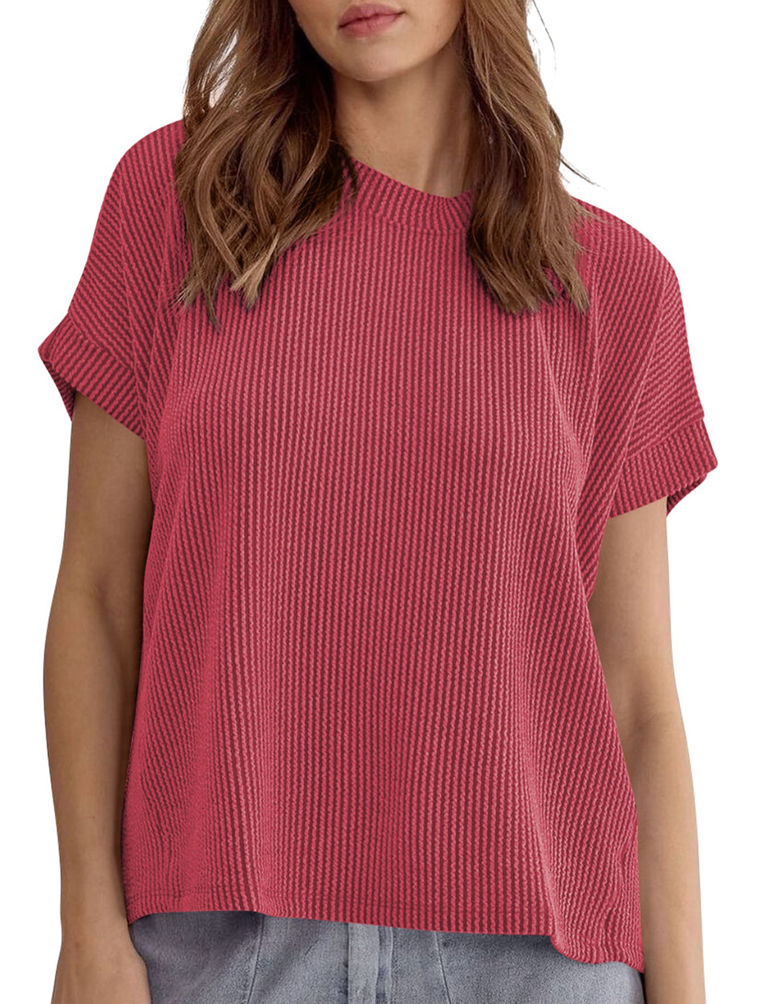Ribbed Knit Crew Neck Tee