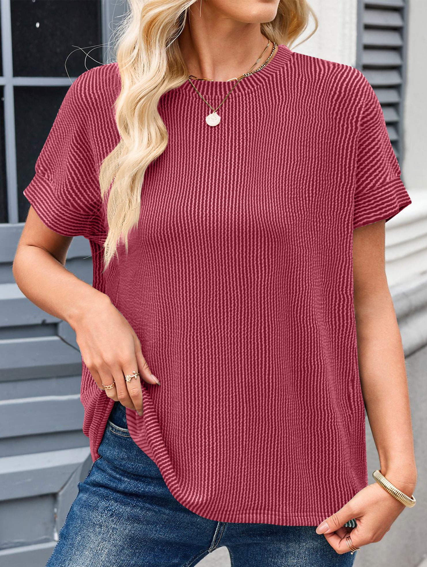 Ribbed Knit Crew Neck Tee