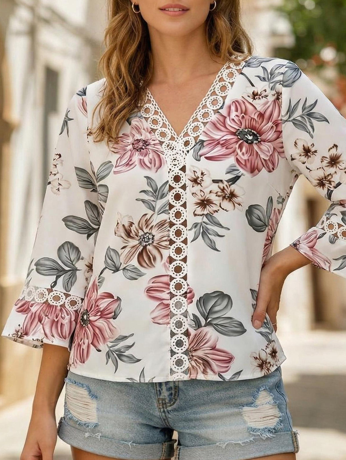V Neck Lace Flare Sleeve Top
