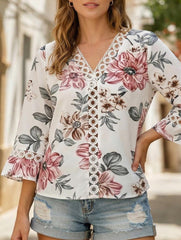 V Neck Lace Flare Sleeve Top