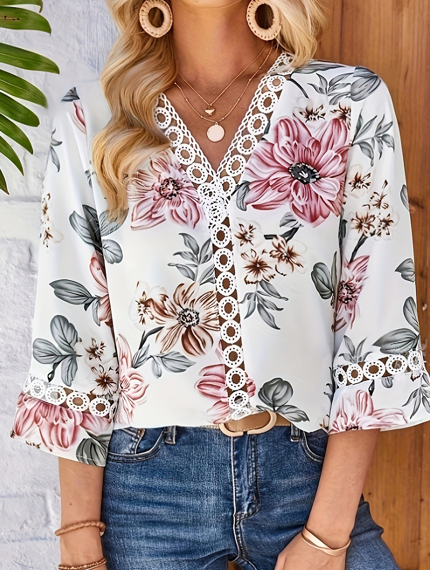V Neck Lace Flare Sleeve Top