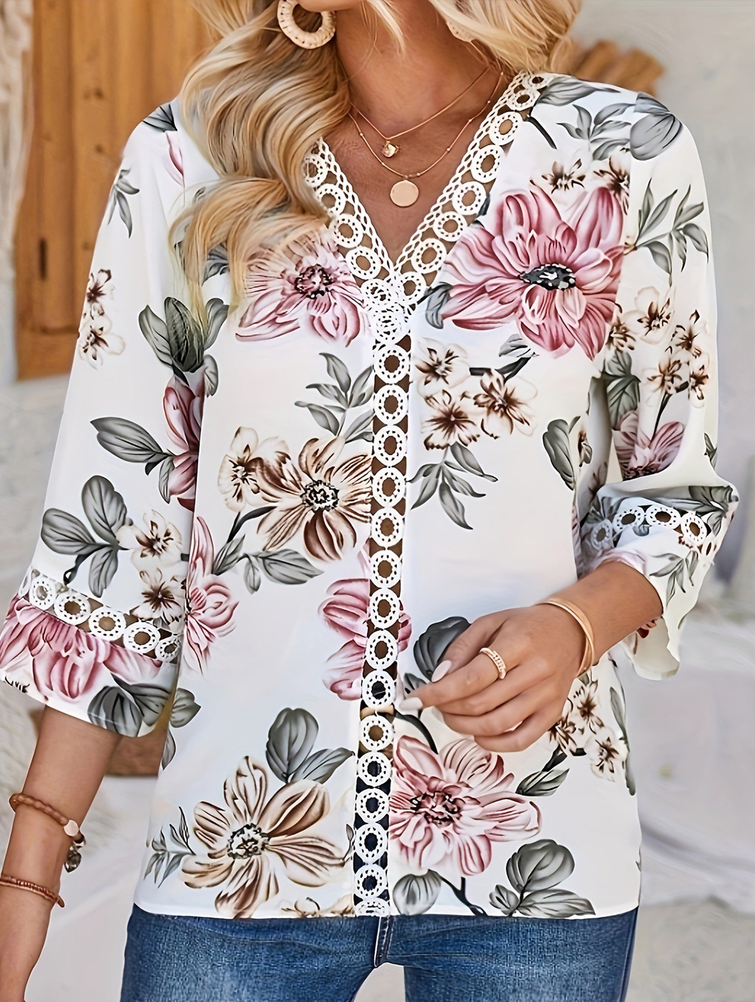 V Neck Lace Flare Sleeve Top
