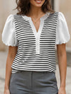 Stripe Patch V Neck Puff Sleeve Tee