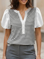 Stripe Patch V Neck Puff Sleeve Tee