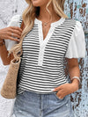 Stripe Patch V Neck Puff Sleeve Tee