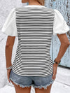 Stripe Patch V Neck Puff Sleeve Tee