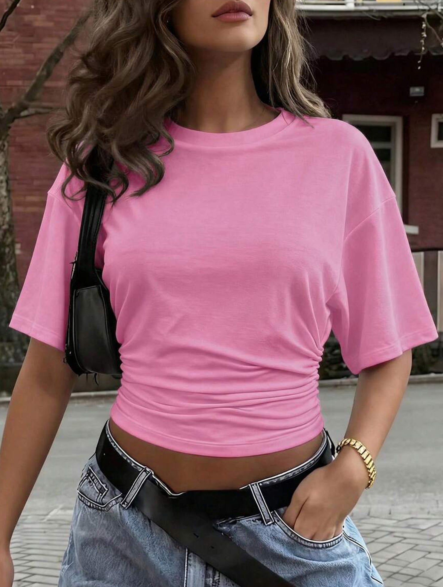 Ruched Waist Slim Short Sleeve Top