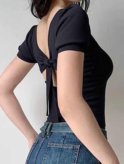 Backless Tie U Neck Slim Tee