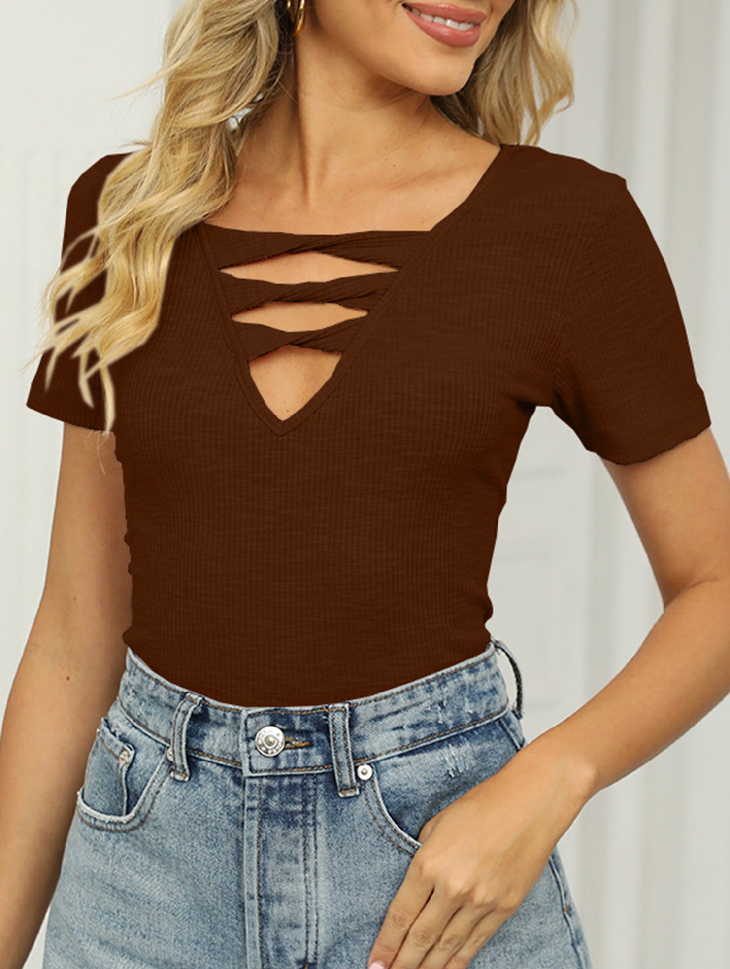 V Neck Tie Short Sleeve Tee