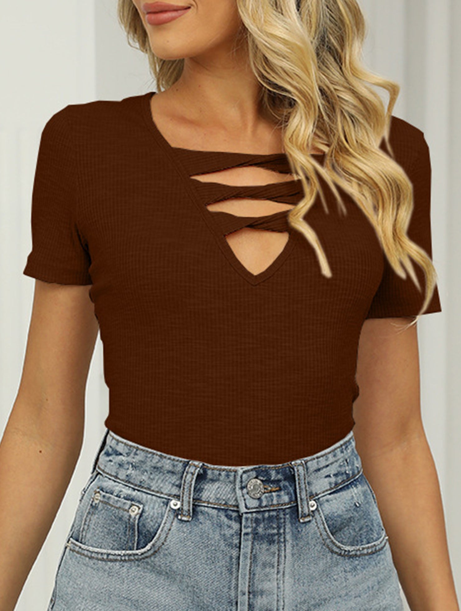 V Neck Tie Short Sleeve Tee
