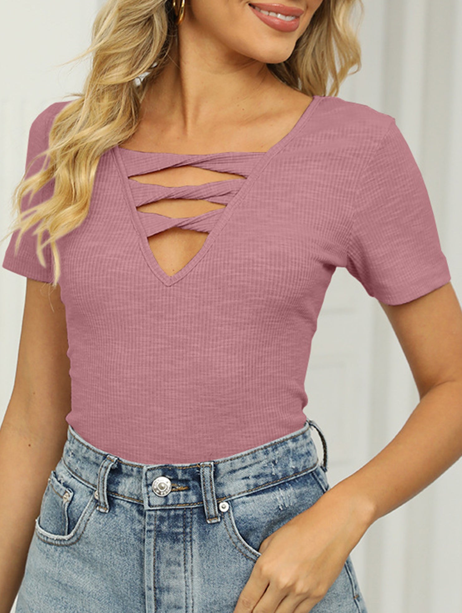 V Neck Tie Short Sleeve Tee