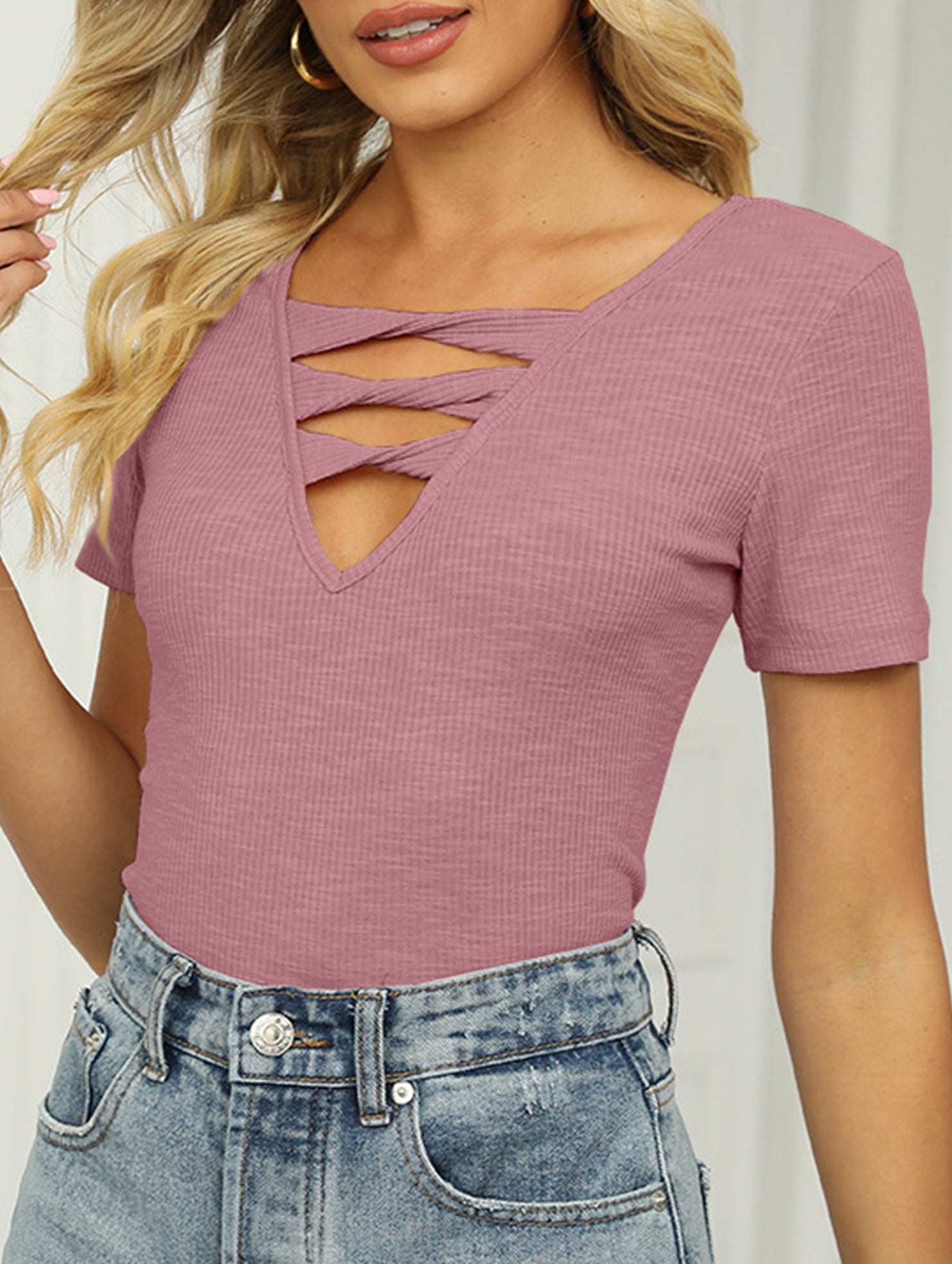 V Neck Tie Short Sleeve Tee