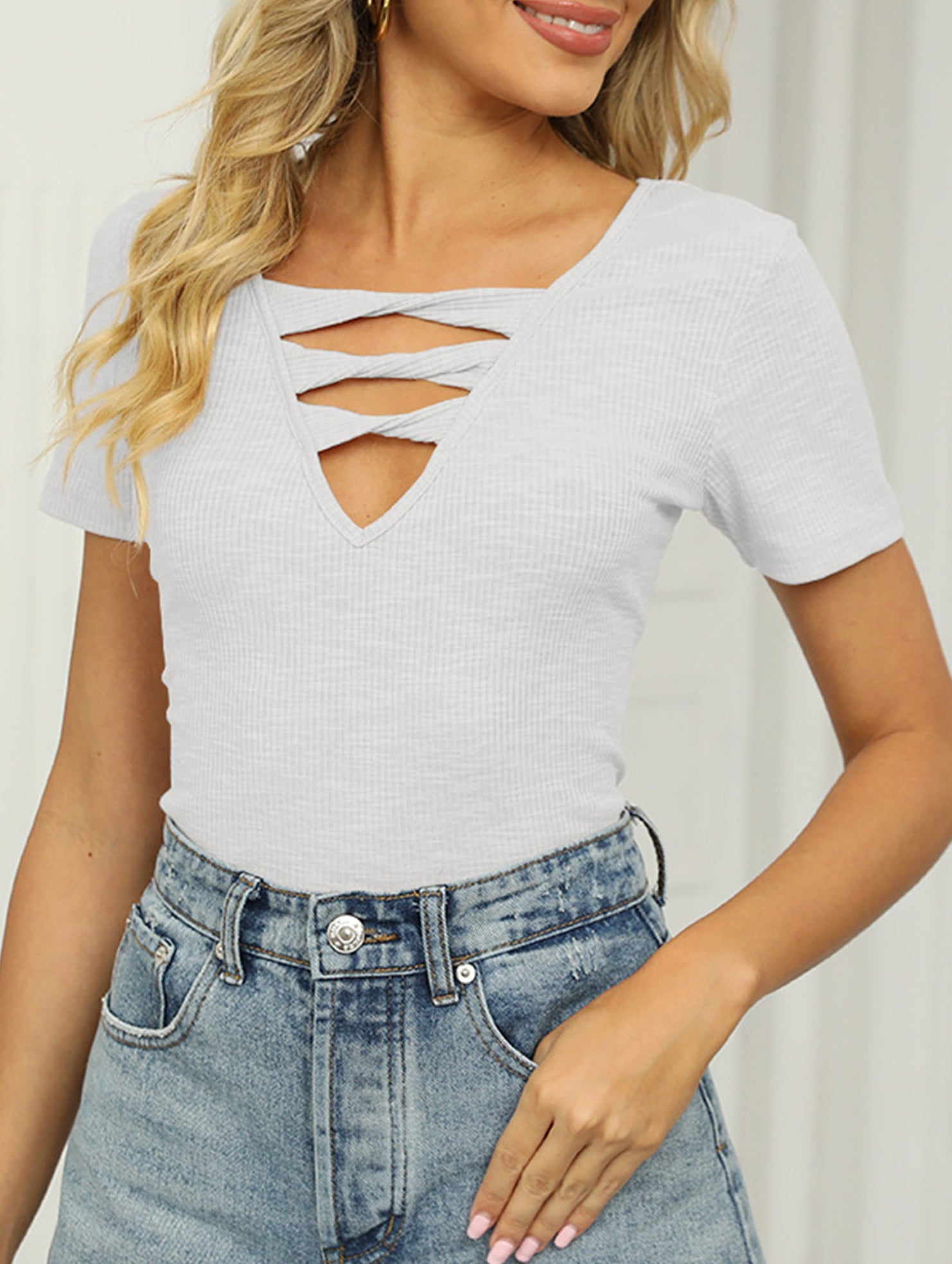 V Neck Tie Short Sleeve Tee