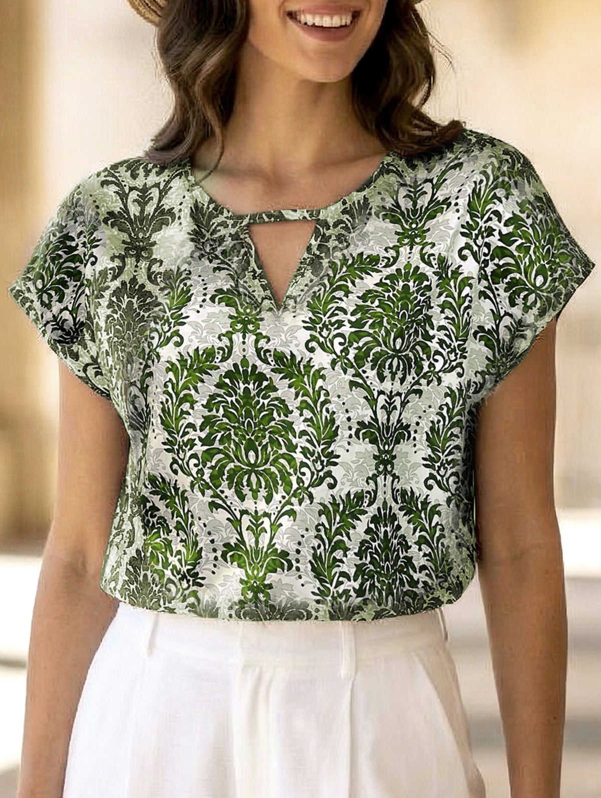 Print V Neck Batwing Sleeve Top