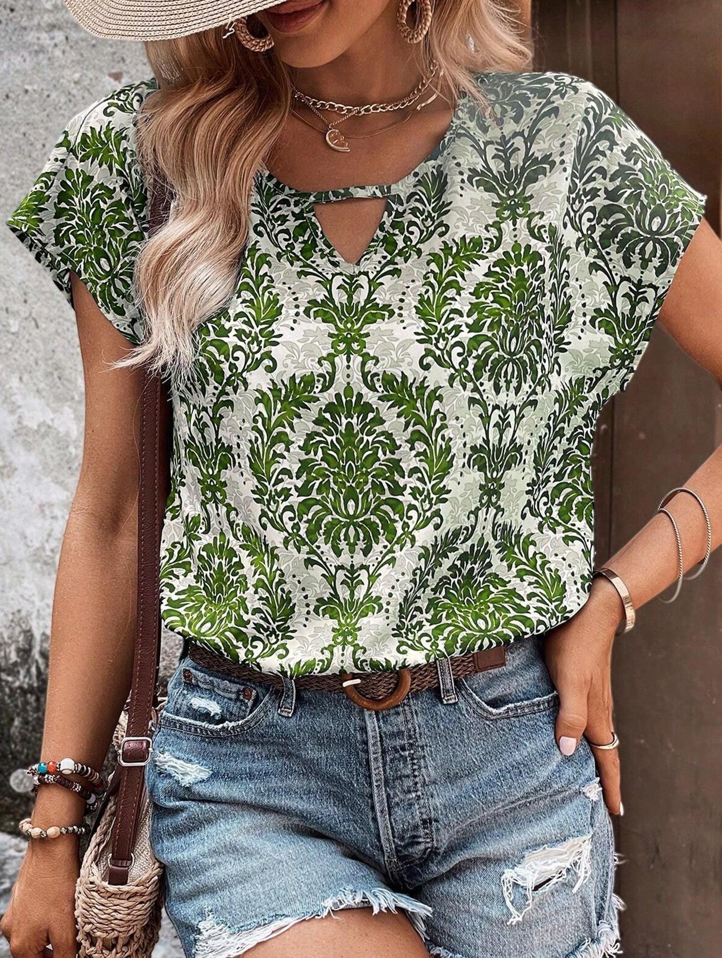 Print V Neck Batwing Sleeve Top