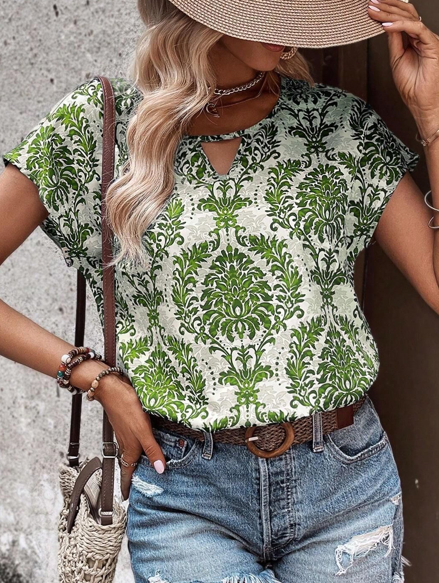 Print V Neck Batwing Sleeve Top