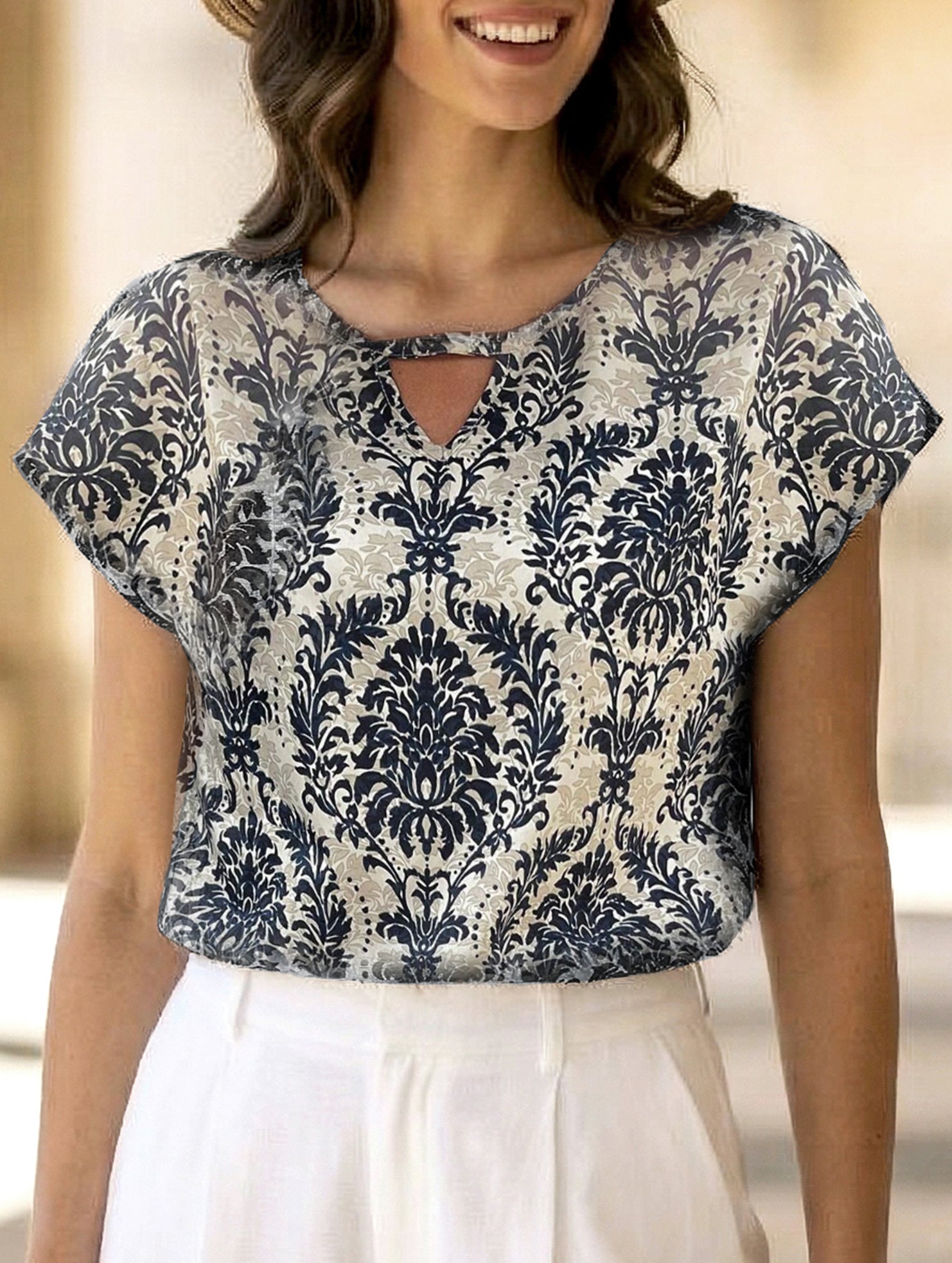 Print V Neck Batwing Sleeve Top