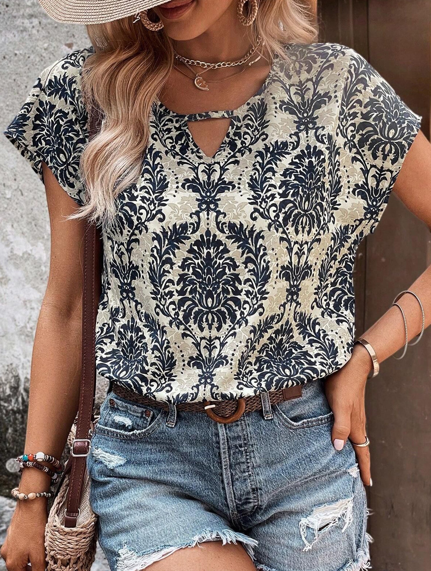Print V Neck Batwing Sleeve Top