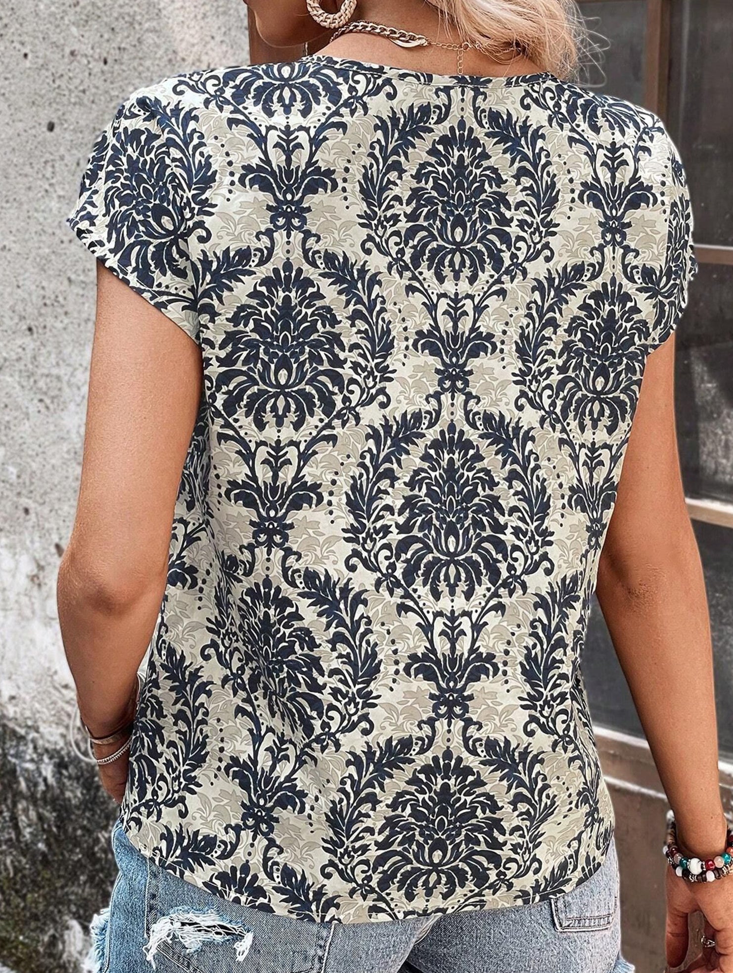 Print V Neck Batwing Sleeve Top