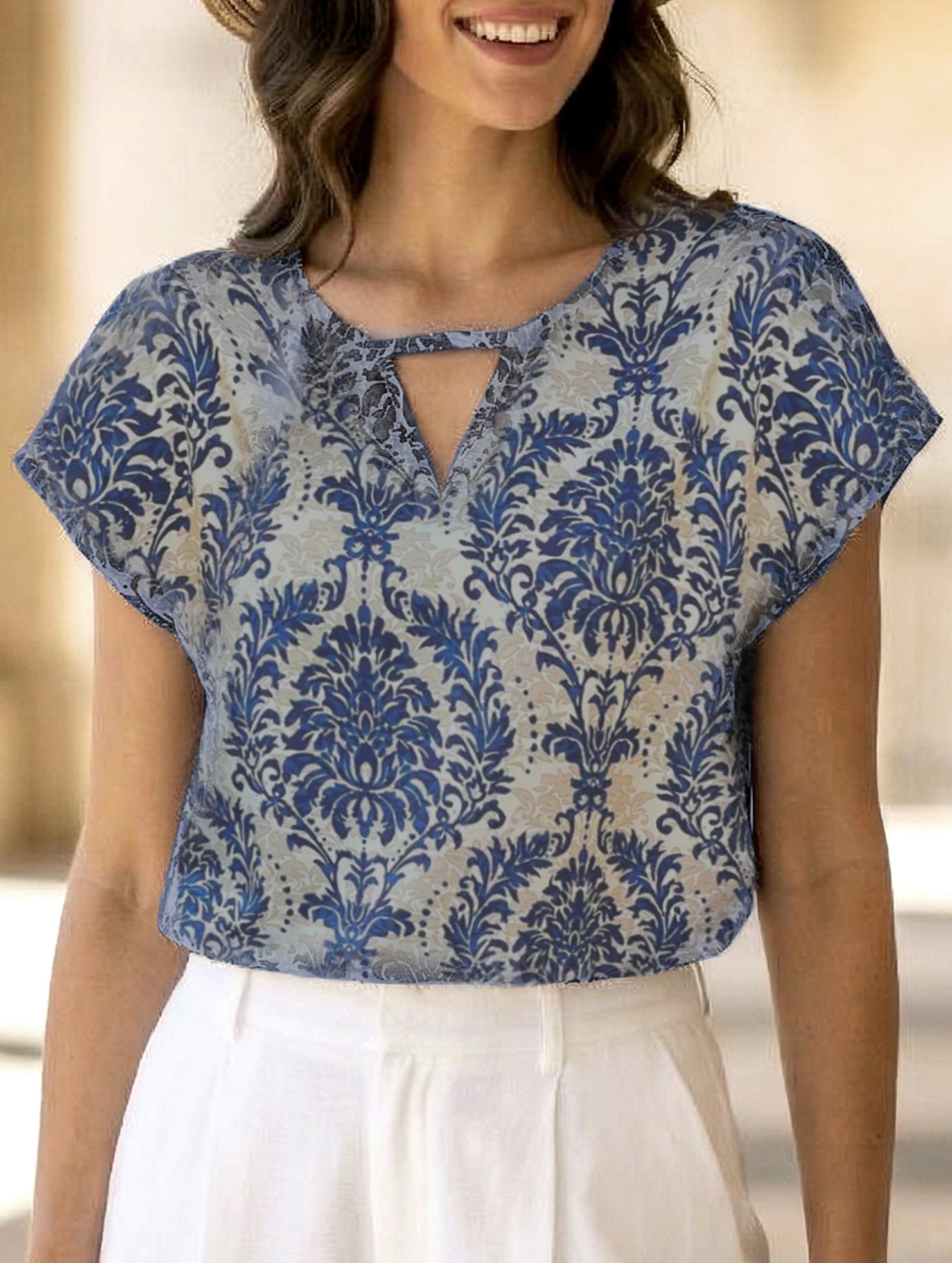 Print V Neck Batwing Sleeve Top