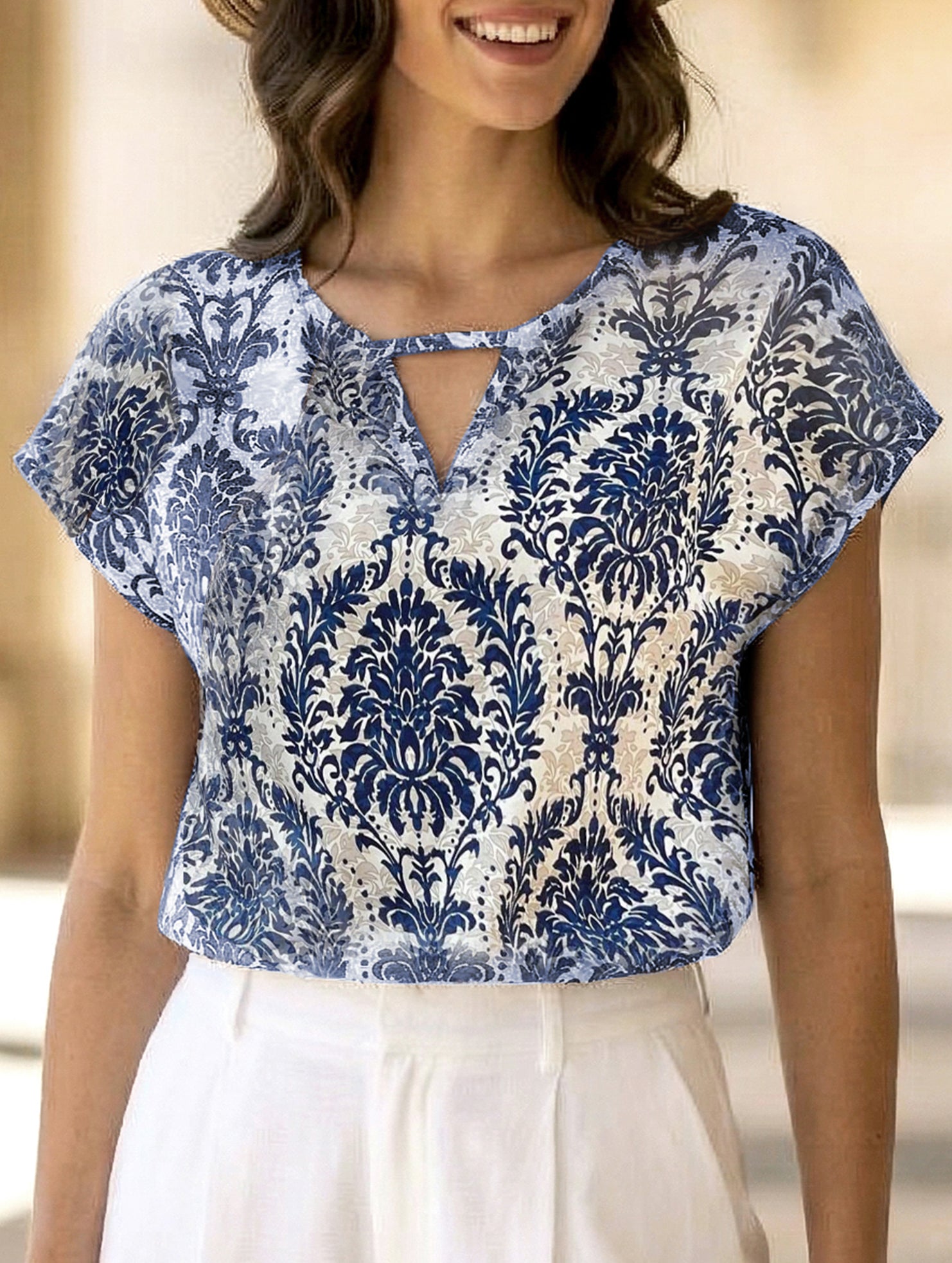Print V Neck Batwing Sleeve Top