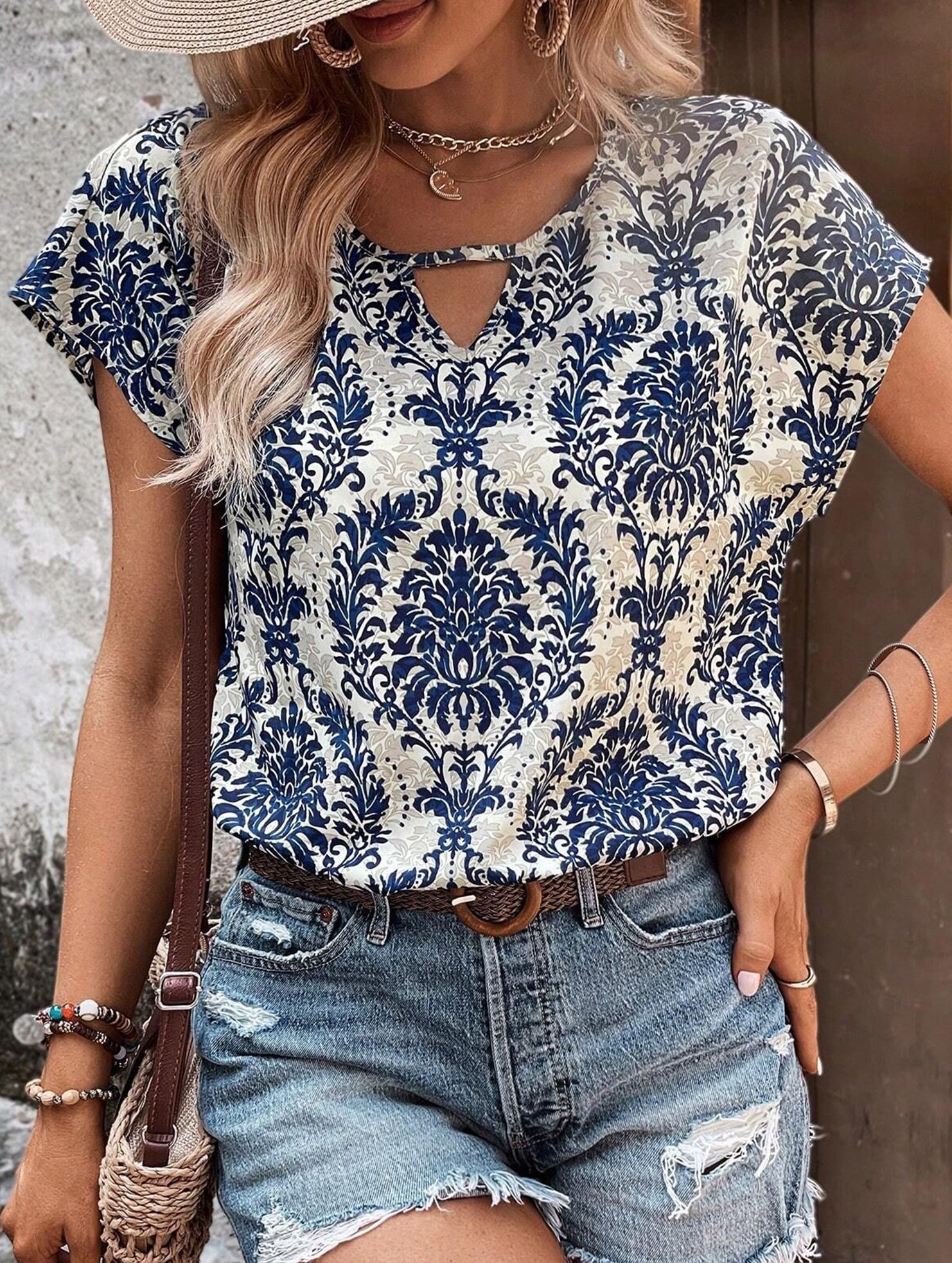 Print V Neck Batwing Sleeve Top