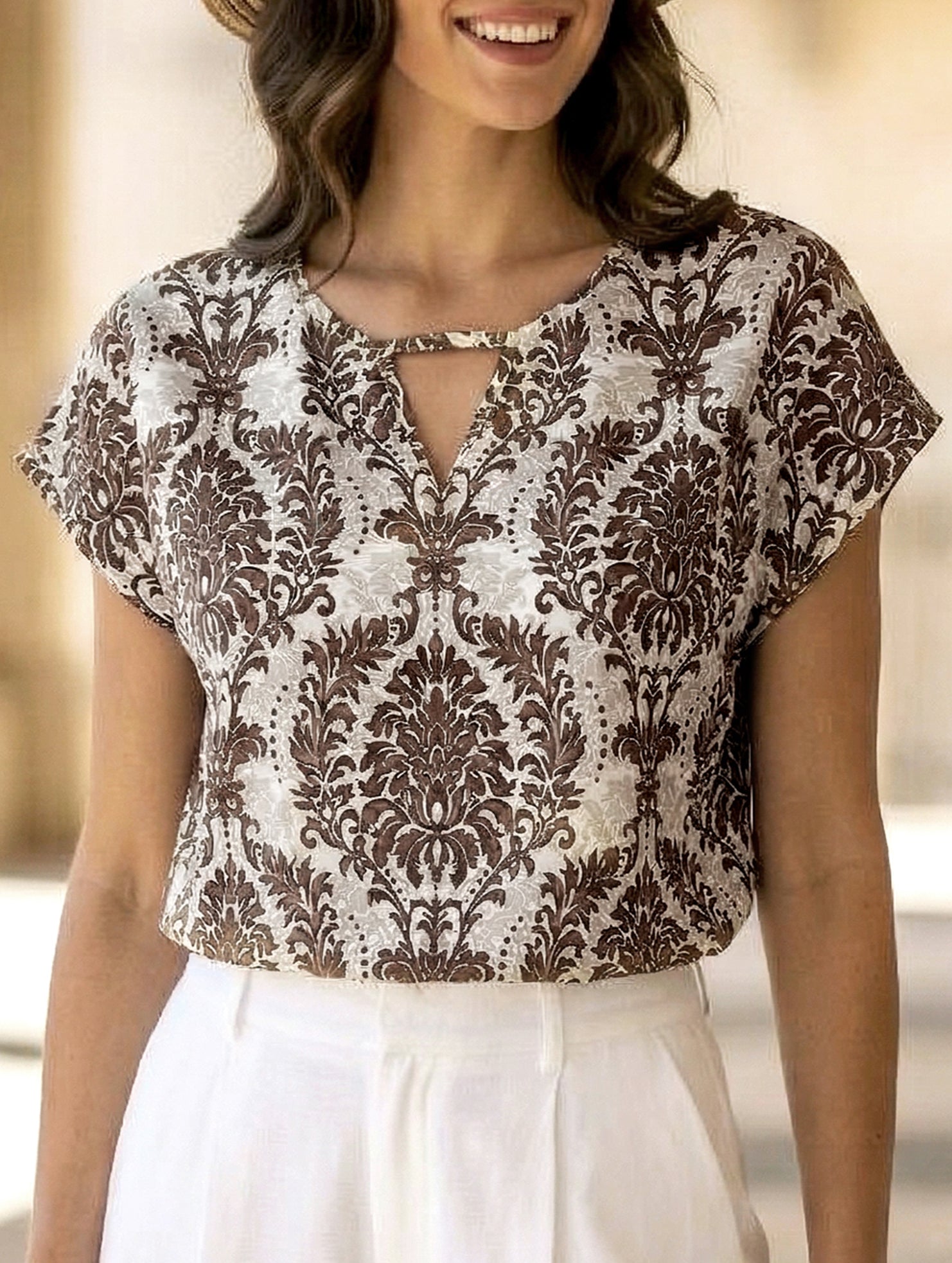 Print V Neck Batwing Sleeve Top